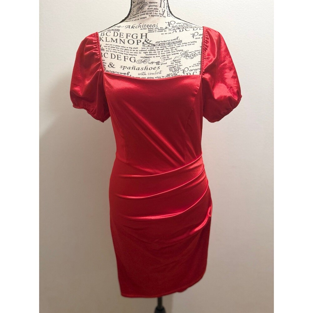 Vintage 90’s Retro Honey and Rosie Red Ruched Puff Sleeve Mini Cocktail Dress S